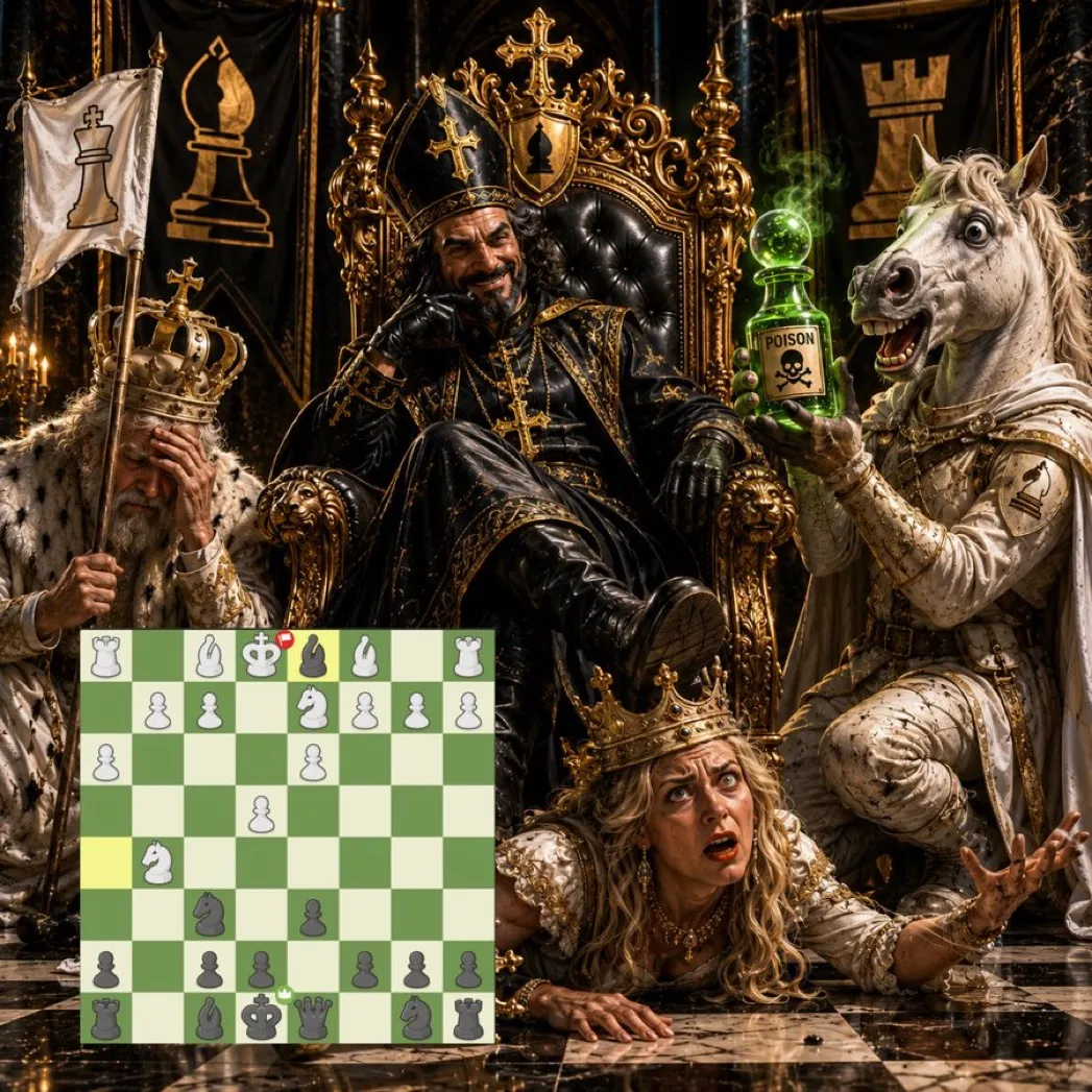 Bishop on the throne as the white queen falls to a poisoned-pawn trap