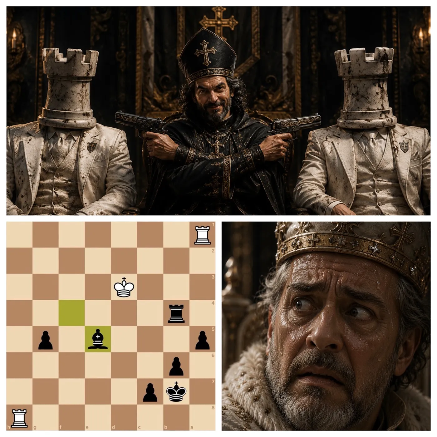 Bishop with pistols flanked by headless rooks: the bishop pair beats two rooks